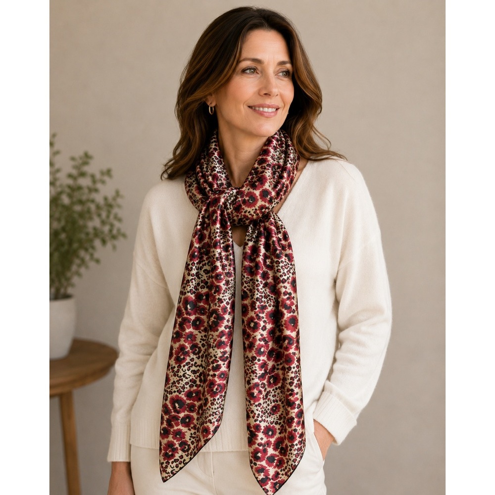 Sexy Lion Scarf Women OS Red Leopard Animal Print Satin Lightweight Wrap‎